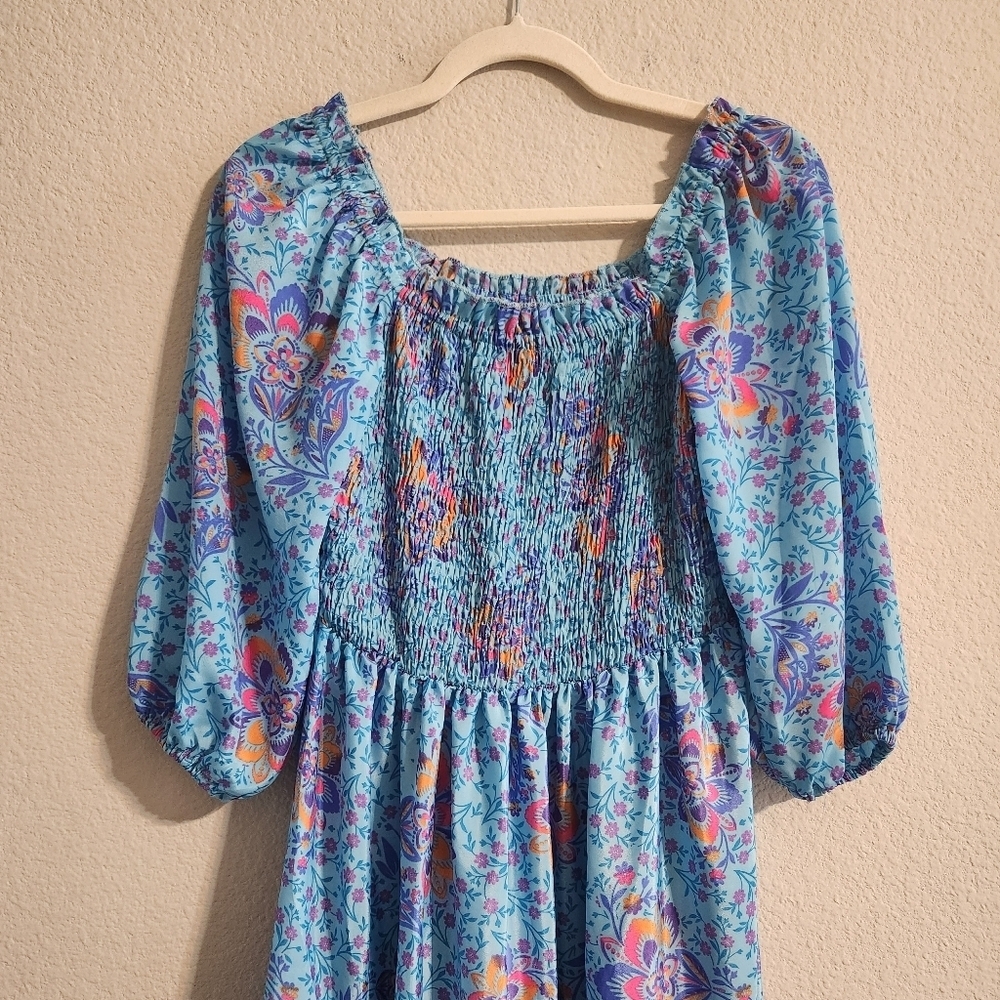 Me 2 Magic Anthropologie Bohemian Smocked Maxi Tiered Dress Blue Floral medium - Picture 6 of 6
